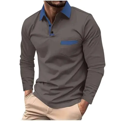 Produktbild: Generisch Polo Shirts Für Herren Langarm Contrast Farbblockierung Sweatshirts mit Knöpfen Taschen Herbst lässig Oberteile Camisas para Hombres(Grey, L)