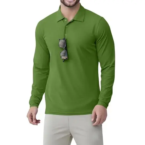 Produktbild: Herren Poloshirt Langarm Golf Tshirts Funktionsshirts Casual Solid T-Shirts mit 3-Knopfleiste Leicht Atmungsaktiv Schnelltrocknend Gläser Können Vorne Aufgehängt Werden (A01 Army Green,XL)
