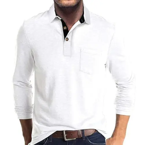 Produktbild: Longshirt Herren Poloshirt Langarm Sommer Arbeits T-Shirt Rugby Shirt Weiß 2XL