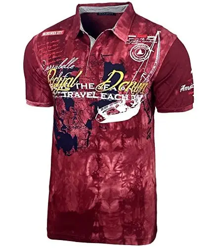 Produktbild: Herren Poloshirt Verwaschen Kurzarm Polo T-Shirt Slim Fit Design Fashion Top Print Royal Denim Batik Shirt 151, Farbe:Bordeaux, Größe:S