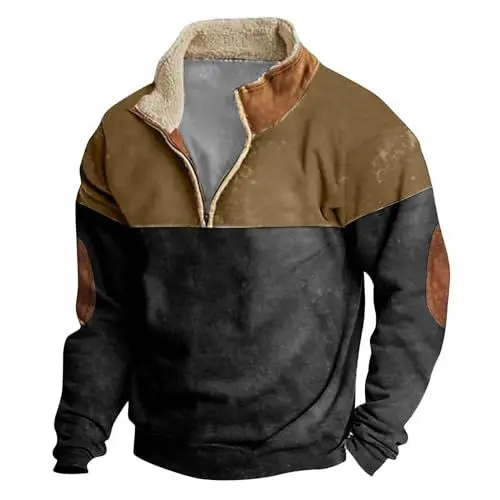 Produktbild: Herren Langarm Baggy Stehkragen 1/4 Half Zip Sweatshirt Vintage Color Block Reißverschluss Pullover mit Reißverschluss Lässige Basic Outdoor Top Braun 5XL