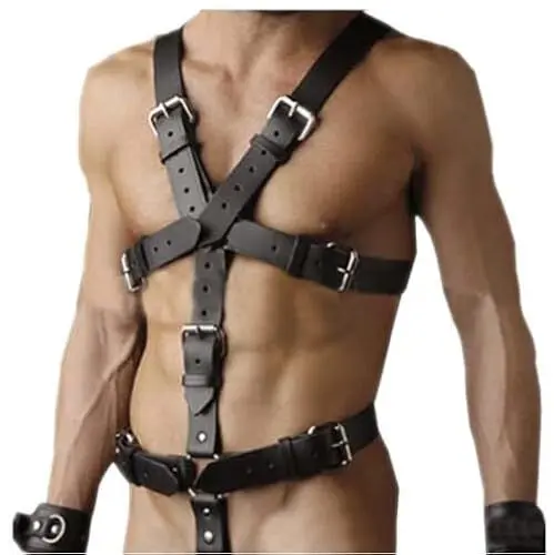 Produktbild: Herren Punk Body Brust Harness Männer Leder Geschirr mit Handschellen & Penisring,Gothic Männer Kleidung Bandage Kostüme Herren Sexy Sklave Clubwear,BDSM Fesseln Sexspielzeug für Paare Extrem Sex