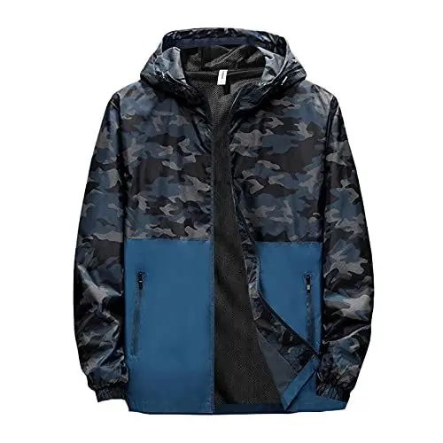 Produktbild: Herren Regenjacke Outdoor Wanderjacke Herren Winter Hoodie Softshell Camouflage Wasserdicht Winddicht Outdoor Mantel Boots Outdoor Rain Freizeitjacke Kapuze Regenjacke(Blue,4XL)