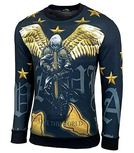 Produktbild: Baxboy Herren Rundhalskragen Longsleeve T-Shirt Moderner Männer Langarmshirt Biker Design Langarm Sweatshirt Totenkopf mit Ziersteinen, Farbe:903 Schwarz, Größe:S
