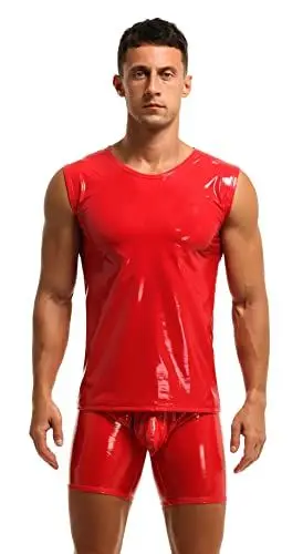 Produktbild: Herren Shirt Tank Top ohne Arm Leder Lack Latex Optik schwarz Männer Unterwäsche Stretch Hemd Tops Clubwear Guywear Gogo Swingerclub Freizeithemd Sommer Muskel Top Vinyl Oberteil (XL, Rot)