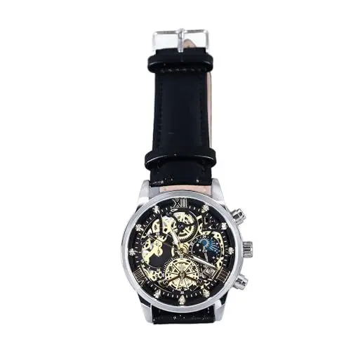 Produktbild: Herren Skelett Armbanduhr mit Römischen Ziffern, Mechanische Luxus Skelett Armbanduhr für Herren, Quarz Armbanduhr mit Lederarmband
