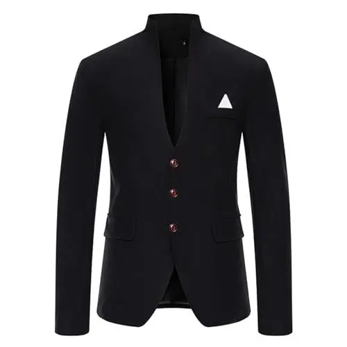 Produktbild: Herren Solide Stehkragen Jacke Einreiher Blazer mit Tasche Langärmelig Schlankes Sakko Autumn Sakko Herren Slim Fit Sportlich Sportliche Herrenanzüge Herren Blazer Sportlich Modern Blau