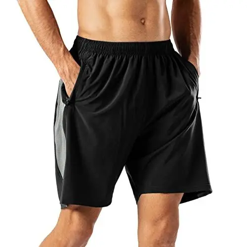 Produktbild: Herren Sport Shorts Schnell Trocknend Kurze Hose mit Reißverschlusstasch (Schwarz Grau,XXL)