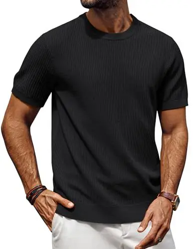 Produktbild: Herren T Shirt Strick Rundhals T-Shirts Sommer Casual T-Shirts Kurzarm T-Shirts für Herren Schwarz S