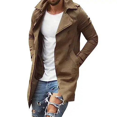 Produktbild: Herren Trenchcoat Slim Fit Zweireiher Lange Jacke Eingekerbt Revers Gürtel Herbst Winddicht Mantel(Khaki,XL)