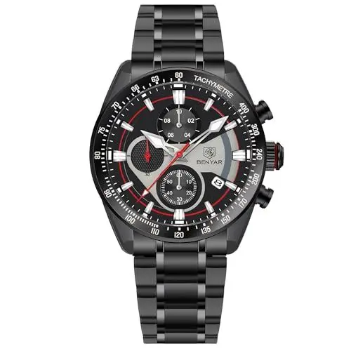 Produktbild: Herren Uhr Uhren BENYAR Quarz-Chronographenwerk 42MM Zifferblatt Analoguhr Aus Edelstahl Wasserdicht Uhr Geschenk für Männer BY-5201M (Schwarz Rot)