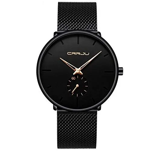 Produktbild: Herren Uhren Ultra Dünne Schwarze Minimalistische Quartz mit Milanese Mesh Edelstahl Und Goldener Zeiger