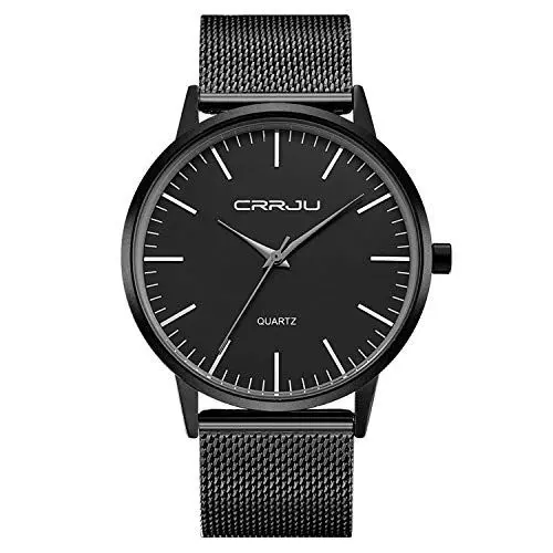 Produktbild: Herren Uhren Ultra Dünne Schwarze Minimalistische Quartz mit Milanese Mesh Edelstahl Und schwarzer Zeiger