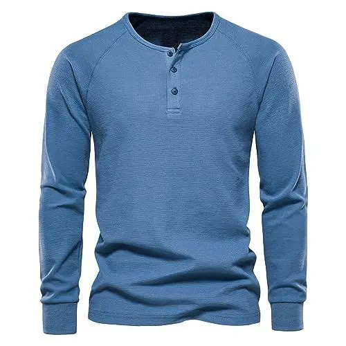 Produktbild: Herren Waffel Henley Beiläufig Langarm T-Shirt klassisch 3 Taste Knopfleiste Einfacher V-Ausschnitt Baumwolle Hemden