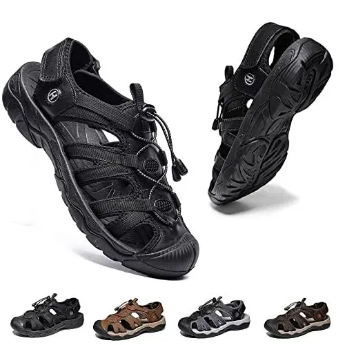 Produktbild: Herren Wandern Sandalen Sport Outdoor Leder Trekkingsandalen Wanderschuhe Verstellbaren Geschlossene Zehe Outdoorschuhe Sommer Männer Strand Freizeitschuhe Wasser Atmungsaktive Fischer Schwarz EU43