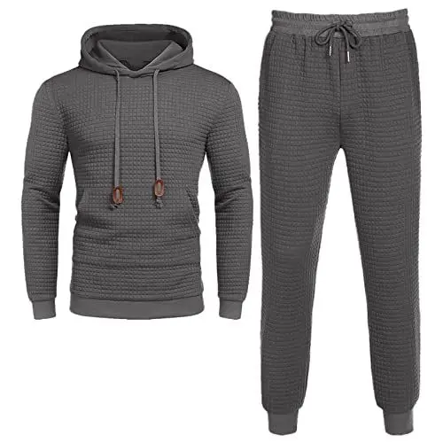 Produktbild: Herren Weste Anzug Herren Winter 2-teiliges Set Patchwork Plaid Langarm Kapuzenoberteil Bluse und Lange Hosen Sets Winter Warmer Anzug Neopren Anzug Erwachsene (Dark Gray, M)