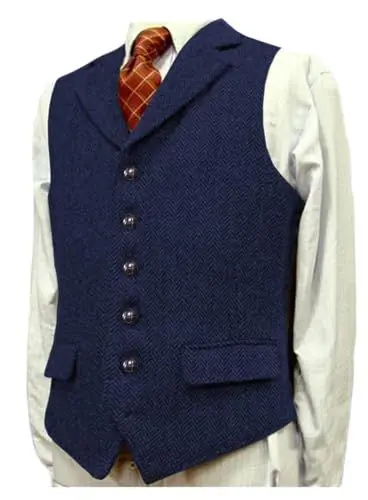 Produktbild: Herren Weste V-Ausschnitt mit 5 Knöpfen Formale Hochzeit Party Vest Herringbone Tweed Wolle Männer Anzugweste für Herren, Königsblau S