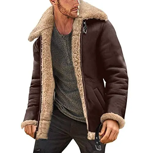 Produktbild: Herren Winter Parka Freizeitjacke Stehkragen Jacke Fleece Winter Plüschjacke Outdoor Winterparka Cargo Fliegerjacke Ledermantel Mantel (Brown, M)