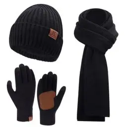 Produktbild: Herren Winter Warm Beanie Mütze Lange Schal und Touchscreen Handschuhe Set mit Fleece Gefüttert Wintermütze Strickmütze Rutschfeste Winterhandschuhe Schals Geschenk für Männer, A Schwarz