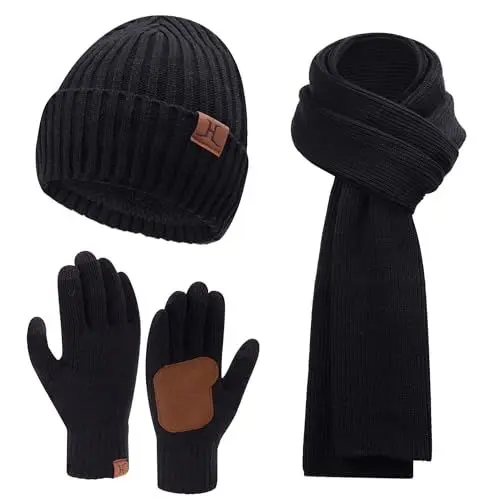 Produktbild: Herren Winter Warm Beanie Mütze Lange Schal und Touchscreen Handschuhe Set mit Fleece Gefüttert Wintermütze Strickmütze Rutschfeste Winterhandschuhe Schals Geschenk für Männer, A Schwarz