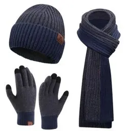 Produktbild: Herren Winter Warm Beanie Mütze Lange Schal und Touchscreen Handschuhe Set mit Fleece Gefüttert Wintermütze Strickmütze rutschfeste Winterhandschuhe Schals Geschenk für Männer, Marineblau