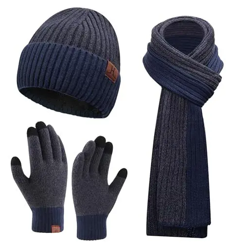 Produktbild: Herren Winter Warm Beanie Mütze Lange Schal und Touchscreen Handschuhe Set mit Fleece Gefüttert Wintermütze Strickmütze rutschfeste Winterhandschuhe Schals Geschenk für Männer, Marineblau