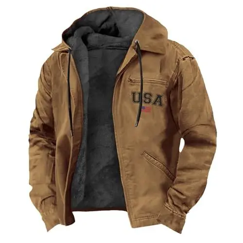 Produktbild: Herren Winter Warme Jacken Fleece Futter Winterjacke Sherpa Gefüttert Bomberjacke USA Muster Pilotenjacke Warm Dicke Fleecejacke Outdoor Thermojacke Kapuze Fliegerjacke Hooded Jacke Braun L