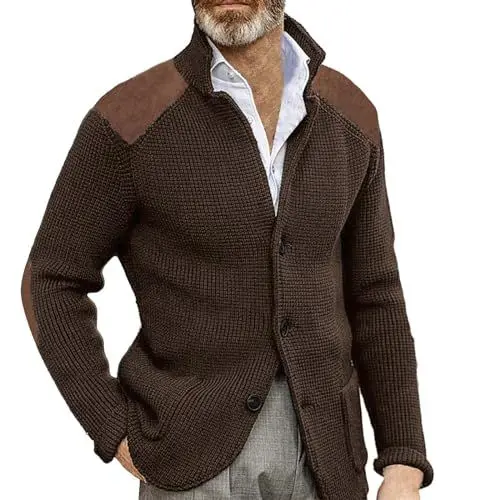 Produktbild: Herren Winterjacke Strickjacke mit Knopfleiste Cardigan Stehkragen Pullover Feinstrike Reißverschluss Baumwollmischung Regular Fit Sweaters mit 37 Taschen