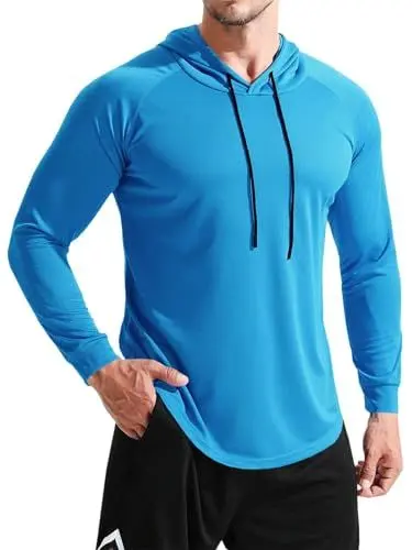 Produktbild: Herren Workout Hoodie Sommer Langarm Stretch Sweatshirt Running Schnell Trocken Sportliches Shirt, Blau, XL