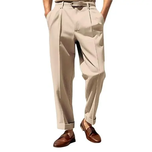 Produktbild: Luckywaqng Herren-Anzughose mit Bundfalte und erweiterbarem Bund, klassisch geschnittene Oberbekleidung Stoffhose Herren Stretch (Khaki, XL)