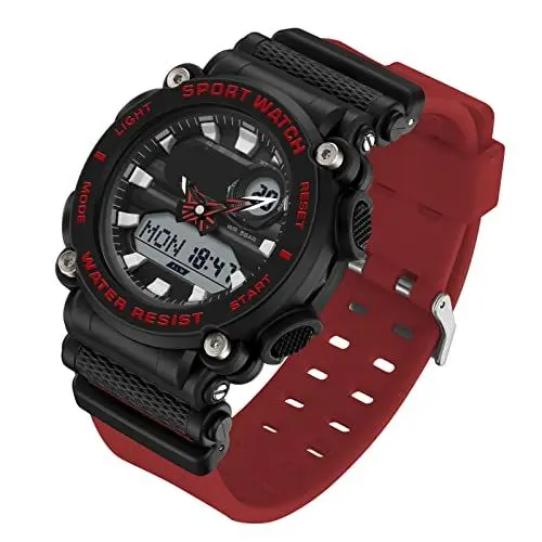 Produktbild: Herren-Armbanduhr, digital, analog, Sport, großes Gesicht, Militär, Stoppuhr, 50 m, wasserdicht, multifunktional, Uhr, Countdown-Modus, Alarm, Dual Zeit, LED, Schwarz / Rot, Gurt