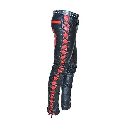 Produktbild: Herren-Bikerhose aus echtem Leder, seitliche und vordere Schnürung, Kontrastlederhose, Mehrfarbig – Lederhose, X-Klein