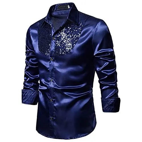 Produktbild: Herrenhemd mit Pailletten langärmelig Button Down Hemd 70er Jahre Disco luxuriös glänzend Patchwork Oberteil schmale Passform Party Abend Hochzeit Kostüm