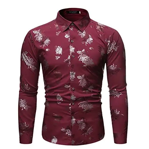 Produktbild: Herrenmode Casual Top Bluse Regular Fit Langarmhemden Luxus Button Bronzing Printed Party Shirt Hemd Satin Herren (L,Wein)