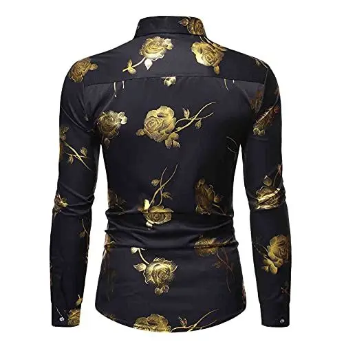 Produktbild: Herren-Oberteile, T-Shirts und Blusen, Herren-Nachtclub, glänzend, golden, mit 3D-Rose Bedruckt, Slim Fit, Button-Down-Partyhemd, Kariertes Hemd Winterjacke Trainingsanzug Tshirt
