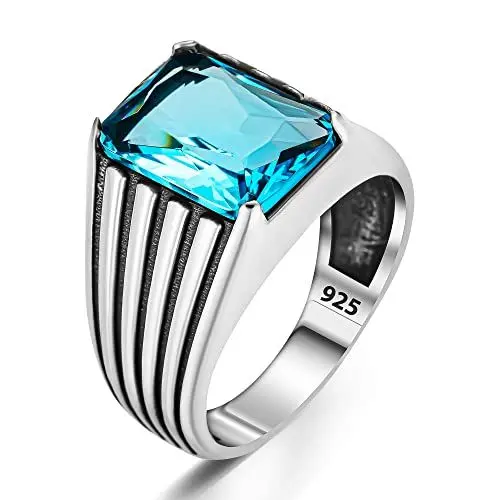 Produktbild: TAKILINGO Massiver 925er Sterlingsilber Aquamarin Stein Biker Herren Ring Geschenk für Männer, Sterling Silber, Aquamarin