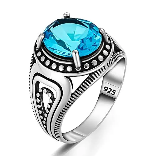 Produktbild: Herren-Ring aus massivem 925er Sterlingsilber mit Aquamarin-Stein, Sterlingsilber, Aquamarin