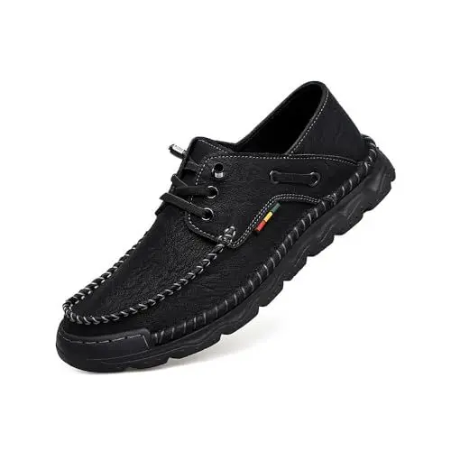 Produktbild: Herren-Schnürsenkel Loafers Fashion Casual Leder Schuhe rutschfeste Driving Schuhe Leichte Komfortable Walking Schuhe Schwarz 45 EU