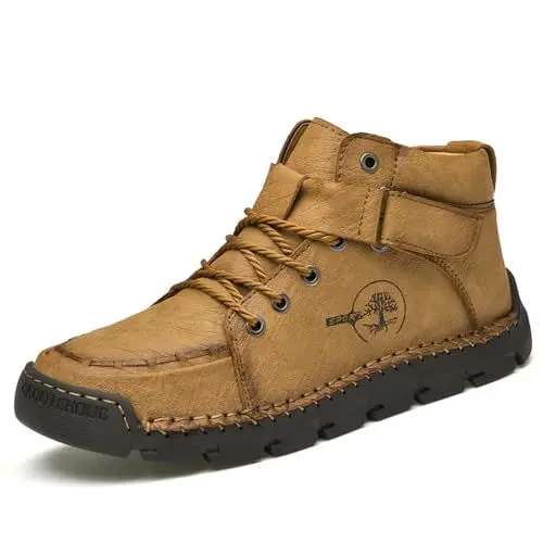 Produktbild: Herrenstiefel Freizeitschuhe Loafer Chukka Walking Leder Slip-on Weiche Sohle Outdoor Walking Driving Fashion Manual Suture Golden 39 EU