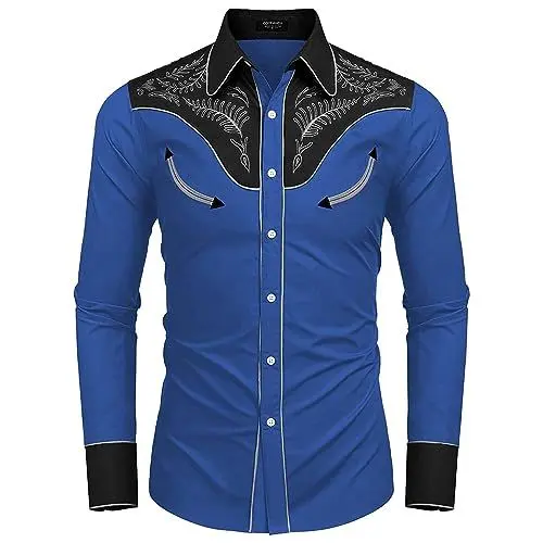 Produktbild: Herren-Western-Jeanshemd Lässiges Langarmhemd Baumwolle für Halloween Casual Style mit Knopfverschluss (BU2, XL)