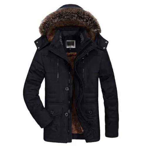 Produktbild: Herren-Winterjacke, Dick, Lässig, Mit Pelzkragen, Winddicht, Parkas, Fleece, Warmer Mantel, Übergröße