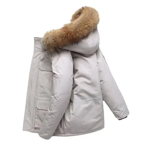 Produktbild: Herren-Winterjacke Mit Pelzkragen – Winddichter Daunenmantel Mit Kapuze – Weißer Entendaunen-Parka Mit Mehreren Taschen