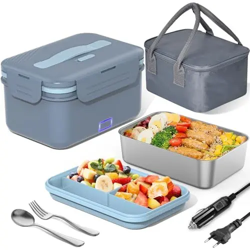 Produktbild: Herrfilk 100W Elektrische Lunchbox Erwachsene, 3-in-1 12/24/220V Thermo Lunch box mit Besteck und Isolierter Lunchbeutel, Auslaufsicherer, 1.8 L Großbehälter, Brotdose mit Fächern für Auto,LKW,Office