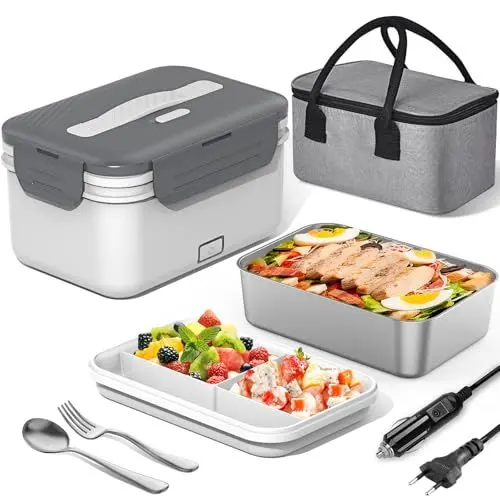 Produktbild: Herrfilk 100W Elektrische Lunchbox Erwachsene, 3-in-1 12/24/230V Thermo Lunch box mit Besteck und Isolierter Lunchbeutel, Auslaufsicherer, 1.8 L Großbehälter, Brotdose mit Fächern für Auto,LKW,Office