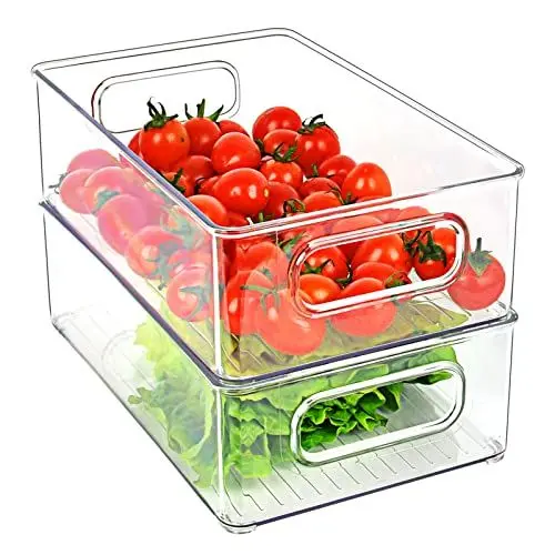 Produktbild: Herrfilk Kühlschrank Organizer 2er Set, Durchsichtig Stapelbare Aufbewahrungsbox mit Griff, Tidy Fridge Organizer Set, Kühlschrankbox Set für Küchen, Küchenschrank, Schränke -BPA Frei, Mittel