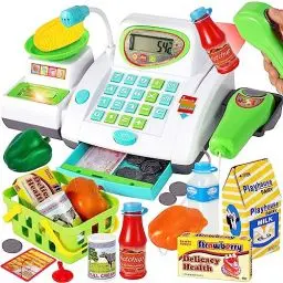 Produktbild: HERSITY Kaufladen Kasse Spielzeug, Registrierkasse Kinder mit Scanner Mikrofon, Große Spielkasse 31*15*12cm, Supermarktkasse mit Lichtern und Sound Rollenspiel Geschenk Jungen Mädchen 3 4 5 Jahren