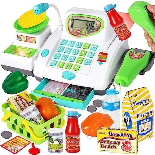 Produktbild: HERSITY Kaufladen Kasse Spielzeug, Registrierkasse Kinder mit Scanner Mikrofon, Große Spielkasse 31*15*12cm, Supermarktkasse mit Lichtern und Sound Rollenspiel Geschenk Jungen Mädchen 3 4 5 Jahren