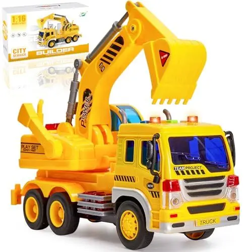 Produktbild: HERSITY Kinder Bagger Spielzeug mit Sound und Licht, 1/16 Fahrzeug Baustellenfahrzeuge Sandkasten, LKW Auto Kinderspielzeug Junge Kinder 3 4 5 Jahre