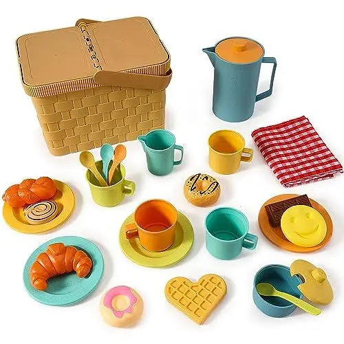 Produktbild: HERSITY Picknickkorb Kinder Teeservice Spielküche, Picknick Kinder Set mit Decke, Tee Set mit Dessert Spielzeug Outdoor, Geschenk für Jungen Mädchen 3 4 5 Jahre