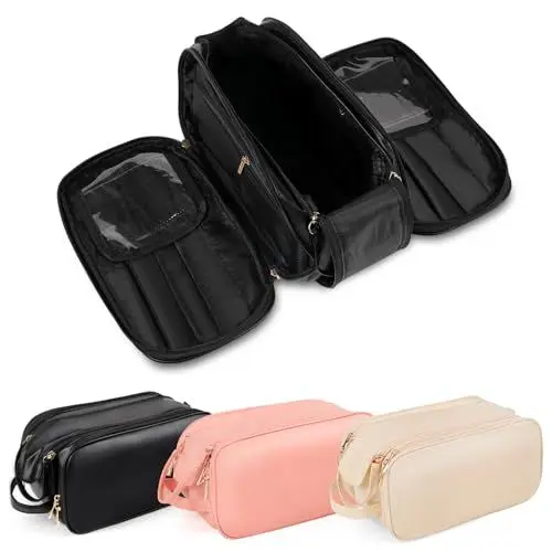 Produktbild: HERYEBING Kosmetiktasche Reise Kulturtasche Damen Kulturbeutel Schminktasche, PU-Leder Kosmetikkoffer mit Makeup Pinsel Fach, Groß wasserdichte Waschtasche mit Tragegriff für Herren (Schwarz)